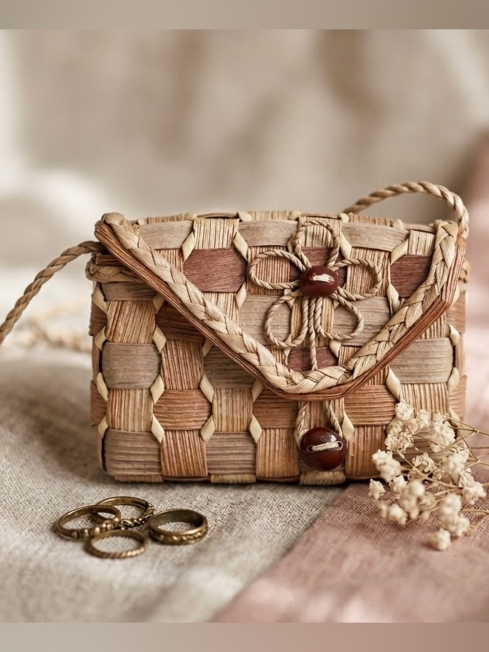 Vintage Woven Straw Mini Crossbody Bag | Boho Card & AirPod Holder